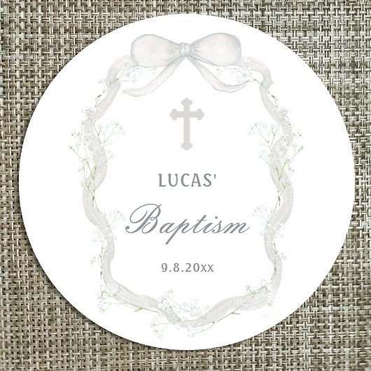 Sticker Rond Baptême de l'haleine du bébé au ruban blanc
