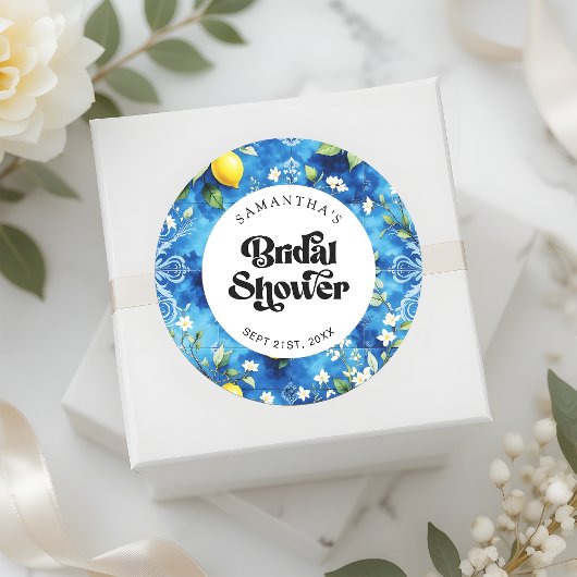 Sticker Rond Baptême de mariage Citron Aquarelle Bleu Marin
