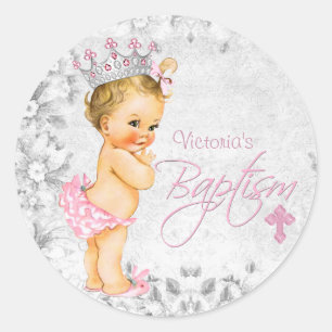 Sticker Rond Baptême de princesse rose et gris