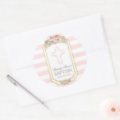 Sticker Rond Baptême d'or floral rose rayures (Enveloppe)