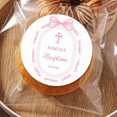 Sticker Rond Baptême du cadre de ruban rose