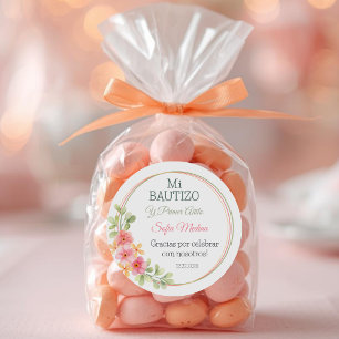 Sticker Rond Baptême élégant et Fleurs roses de premier anniver