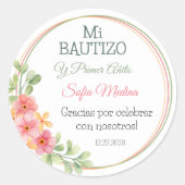 Sticker Rond Baptême élégant et Fleurs roses de premier anniver (Devant)