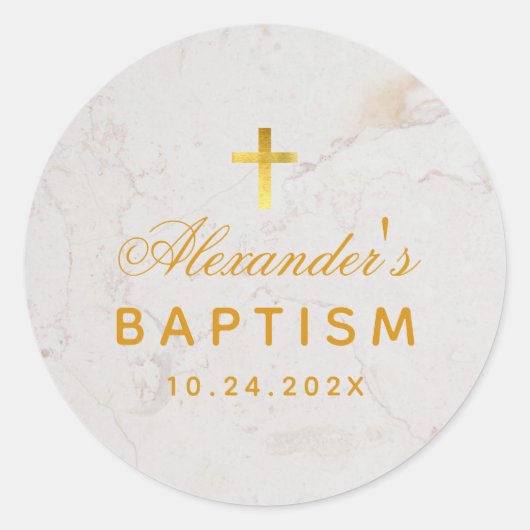 Sticker Rond Baptême Élégant Script Faux Gold Foil Cross Marbre (Devant)
