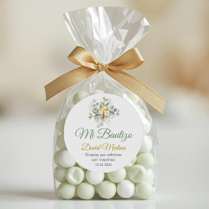 Sticker Rond Baptême en espagnol Bautismo Feuille vert mignon