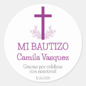 Sticker Rond Baptême en espagnol Simple Bautizo Croix et Feuill (Devant)