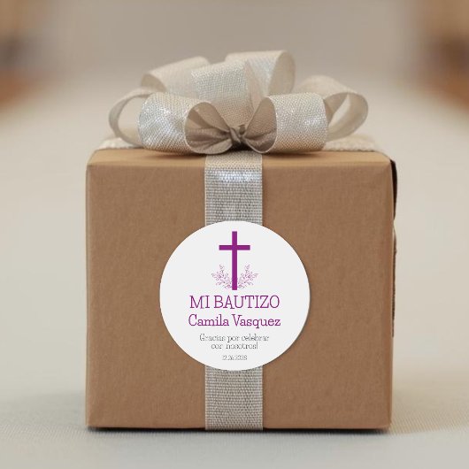 Sticker Rond Baptême en espagnol Simple Bautizo Croix et Feuill