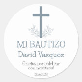 Sticker Rond Baptême en espagnol Simple Bautizo Croix et Feuill (Devant)