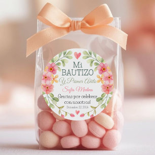 Sticker Rond Baptême et première année Aquarelle rose Fleurs