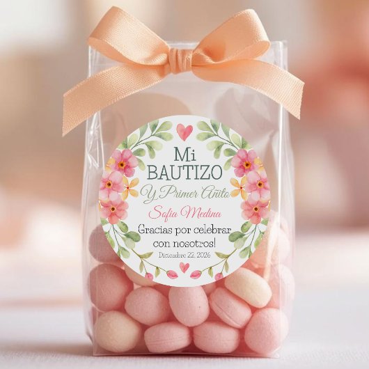 Sticker Rond Baptême et première année Aquarelle rose Fleurs