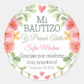Sticker Rond Baptême et première année Aquarelle rose Fleurs (Devant)