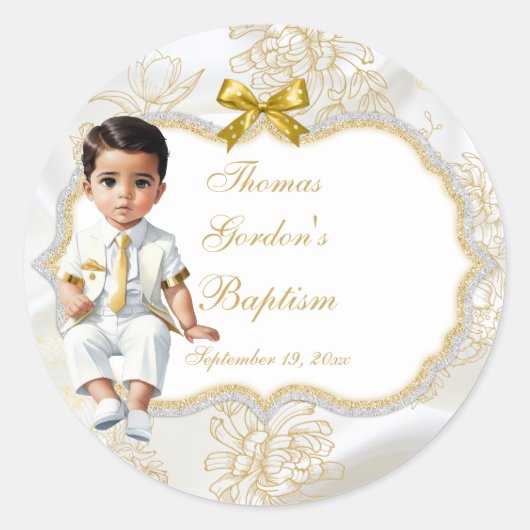 Sticker Rond Baptême Ethnique Garçon Communion Blanc & Or (Devant)