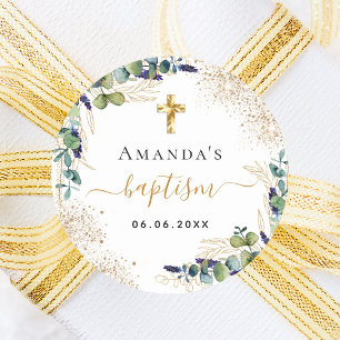 Sticker Rond Baptême eucalyptus parties scintillant de verdure
