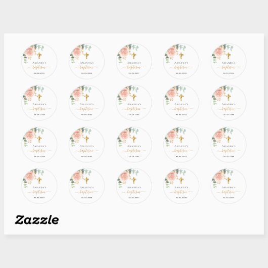 Sticker Rond Baptême eucalyptus rose floral fille rose or (Feuille)