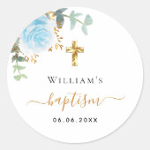 Sticker Rond Baptême eucalyptus vert bleu garçon fleuri (Devant)