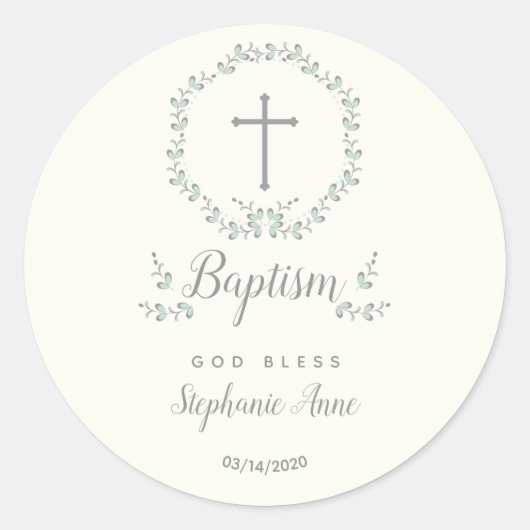 Sticker Rond Baptême Feuille bleue et verte (Devant)