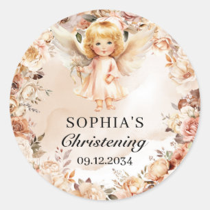 Sticker Rond Baptême fille ange rousse et fleurs d'ivoire Baptê