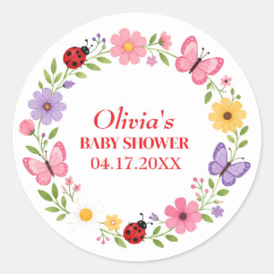 Sticker Rond Baptême Fille Bébé Fleur Sauvage Coccinelle