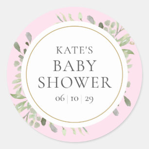 Sticker Rond Baptême Fille Bébé Rose Feuilles de Verdure à l'Aq