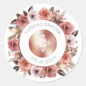 Sticker Rond Baptême Fille, Enveloppe Florale Rose Gold / Cadea (Devant)