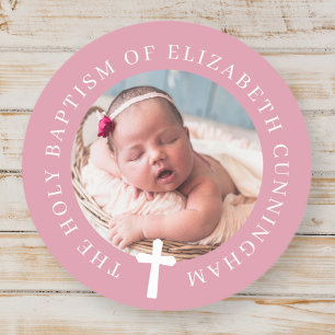 Sticker Rond Baptême fille   Photo personnalisée et croix simpl