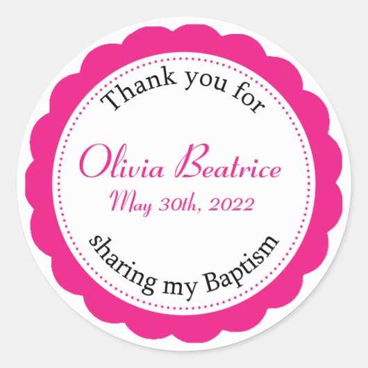 Sticker Rond Baptême Fille Rose Merci (Devant)