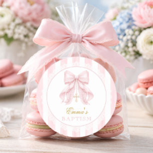 Sticker Rond Baptême Fille Ruban Rose Dentelle