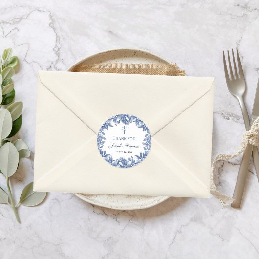 Sticker Rond Baptême Fleur de Toile Bleue