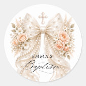 Sticker Rond Baptême Fleur Perlée Nœud (Devant)