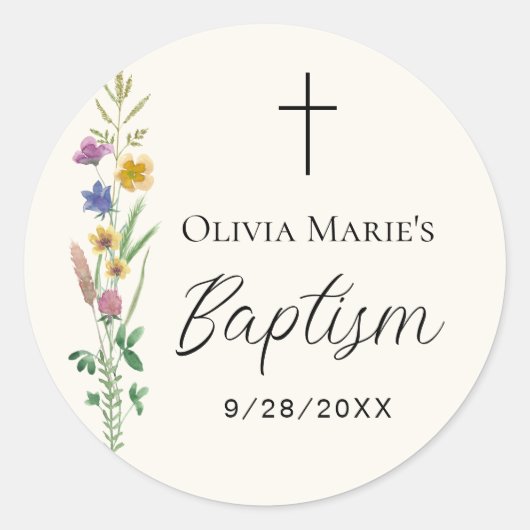 Sticker Rond Baptême Fleur sauvage rustique (Devant)