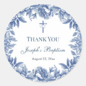 Sticker Rond Baptême Fleur Toile Bleue (Devant)