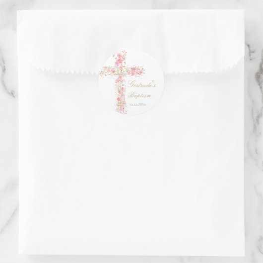 Sticker Rond Baptême fleurs roses croisent bébé fille (Sac)