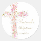 Sticker Rond Baptême fleurs roses croisent bébé fille (Devant)