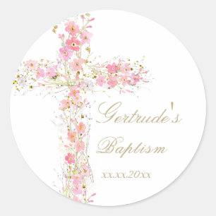Sticker Rond Baptême fleurs roses croisent bébé fille