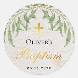 Sticker Rond Baptême Foliage Faux Gold Foil Script Marbre
