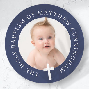 Sticker Rond Baptême Garçon   Photo personnalisée et croix simp