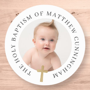 Sticker Rond Baptême Garçon   Photo personnalisée et Croix simp