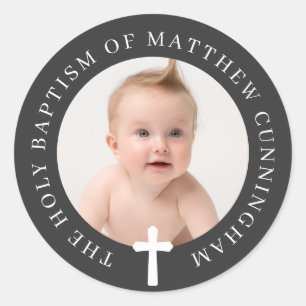 Sticker Rond Baptême Garçon   Photo personnalisée et croix simp