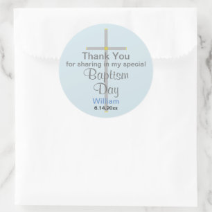 Sticker Rond Baptême gris bleu Son Merci