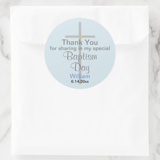 Sticker Rond Baptême gris bleu Son Merci (Sac)