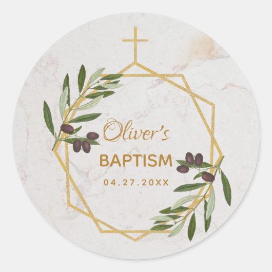 Sticker Rond Baptême Marbre Branche d'olivier Botanique Géométr (Devant)