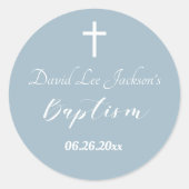 Sticker Rond Baptême moderne Christening Croix blanche Dusty Bl (Devant)