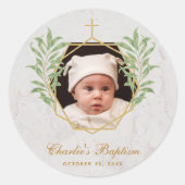 Sticker Rond Baptême Photo Verdure Botanique Marbre géométrique (Devant)