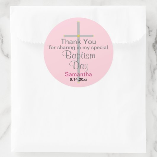Sticker Rond Baptême rose fille Merci croisé argent (Sac)