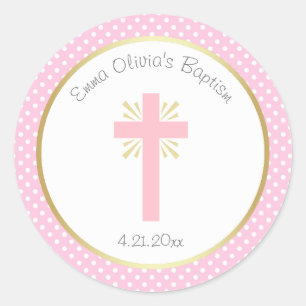 Sticker Rond Baptême rose Polka et frontière dorée