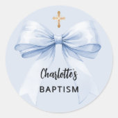 Sticker Rond Baptême ruban bleu garçon croix (Devant)