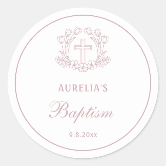 Sticker Rond Baptême simple de croix rose florale (Devant)