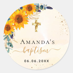 Sticker Rond Baptême tournesol eucalyptus parties scintillant 