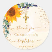 Sticker Rond Baptême tournesol eucalyptus parties scintillant m (Devant)