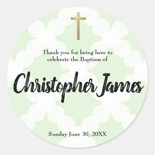 Sticker Rond Baptême vert bébé personnalisé merci (Devant)